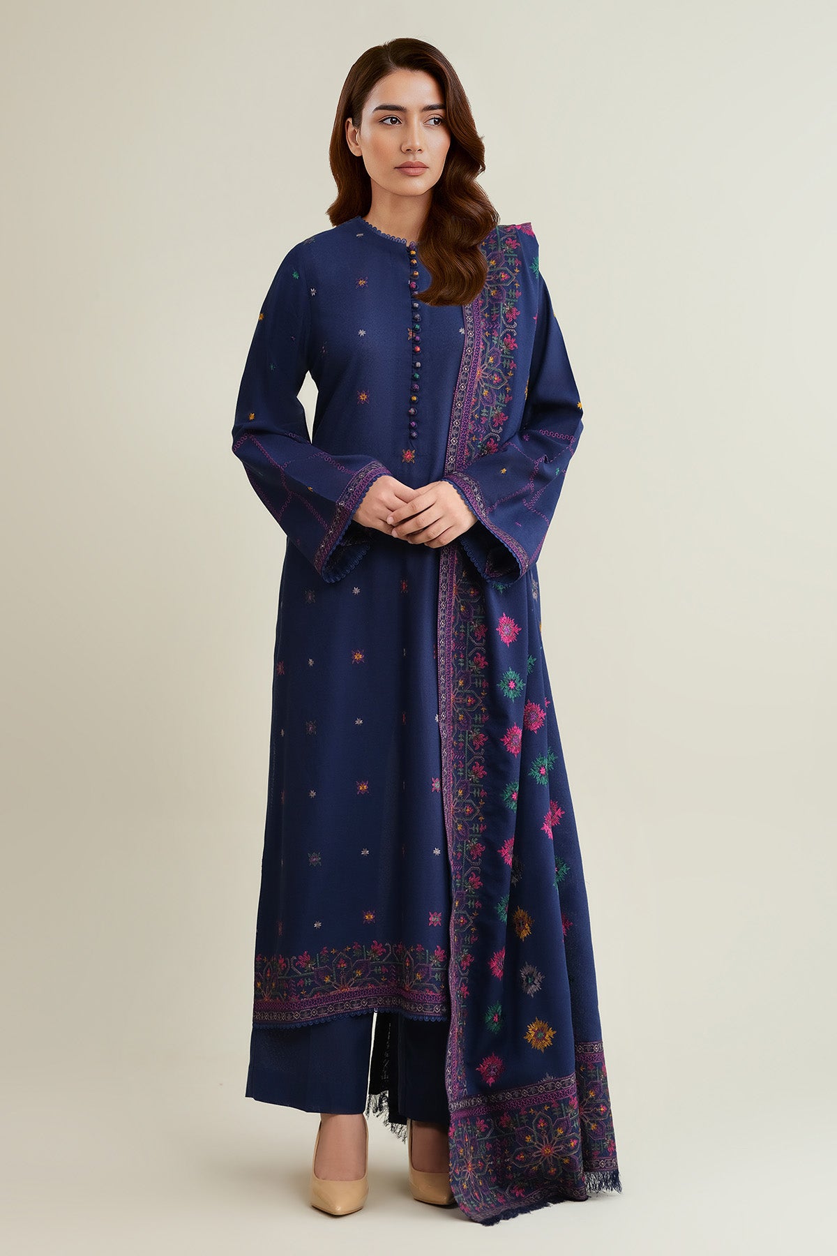 3 Piece - Embroidered Viscose Karandi Suit - E1778 - Shop Now at Kayseria