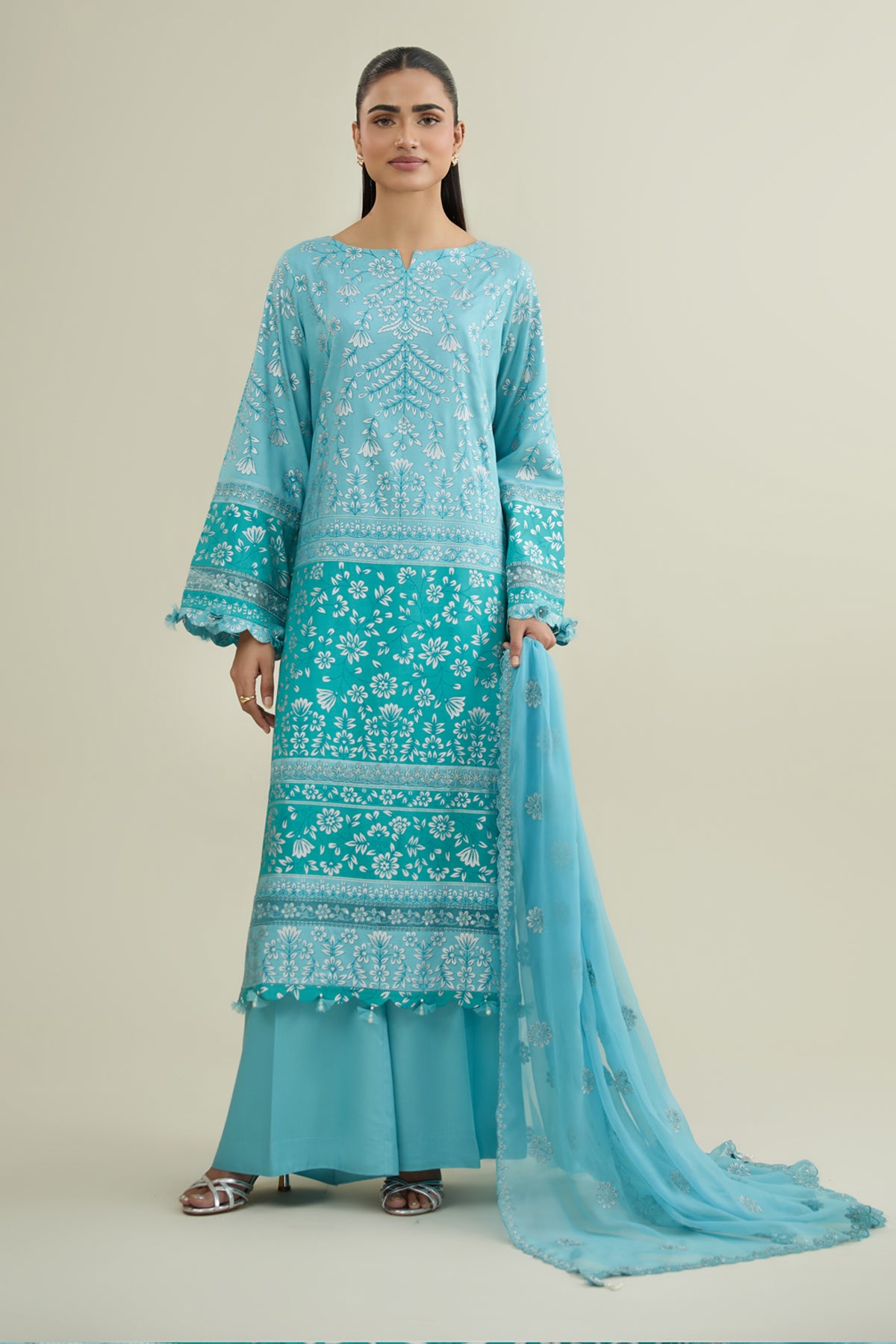 3 Piece - Printed & Embroidered Raw Silk Suit - E1786 - Shop Now at Kayseria