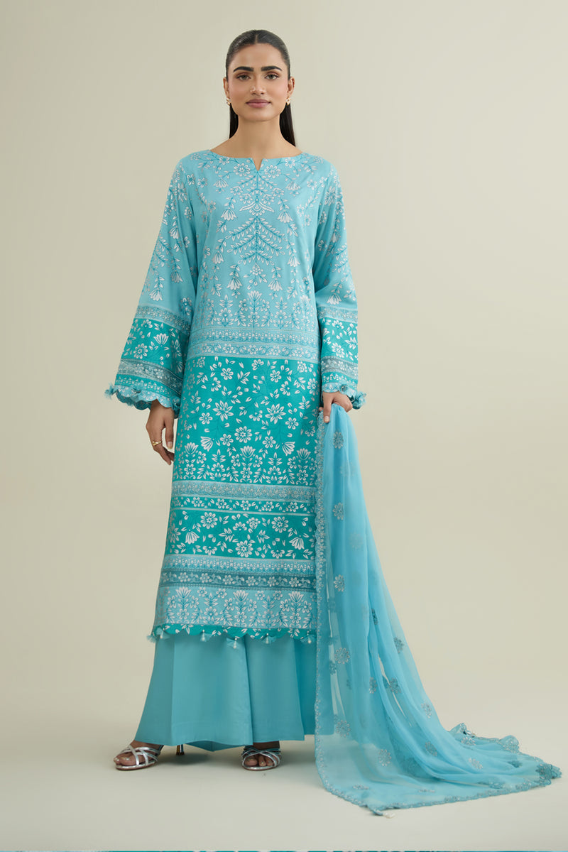 3 Piece - Printed & Embroidered Raw Silk Suit - E1786 - Shop Now at Kayseria