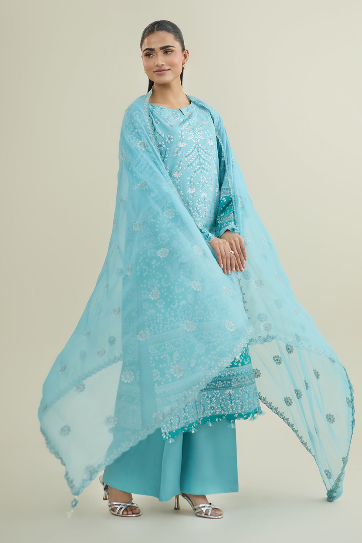 3 Piece - Printed & Embroidered Raw Silk Suit - E1786 - Shop Now at Kayseria