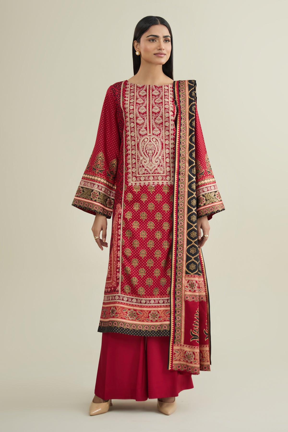 3 Piece - Printed & Embroidered Raw Silk Suit - E1787 - Shop Now at Kayseria