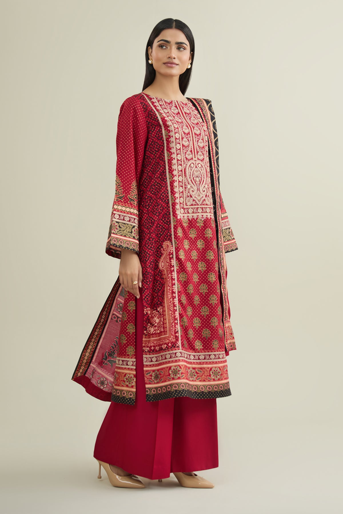 3 Piece - Printed & Embroidered Raw Silk Suit - E1787 - Shop Now at Kayseria