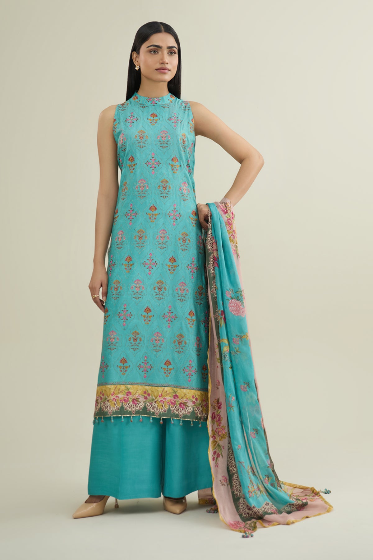 3 Piece - Printed & Embroidered Raw Silk Suit - E1788 - Shop Now at Kayseria