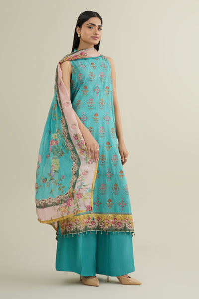 3 Piece - Printed & Embroidered Raw Silk Suit - E1788 - Shop Now at Kayseria