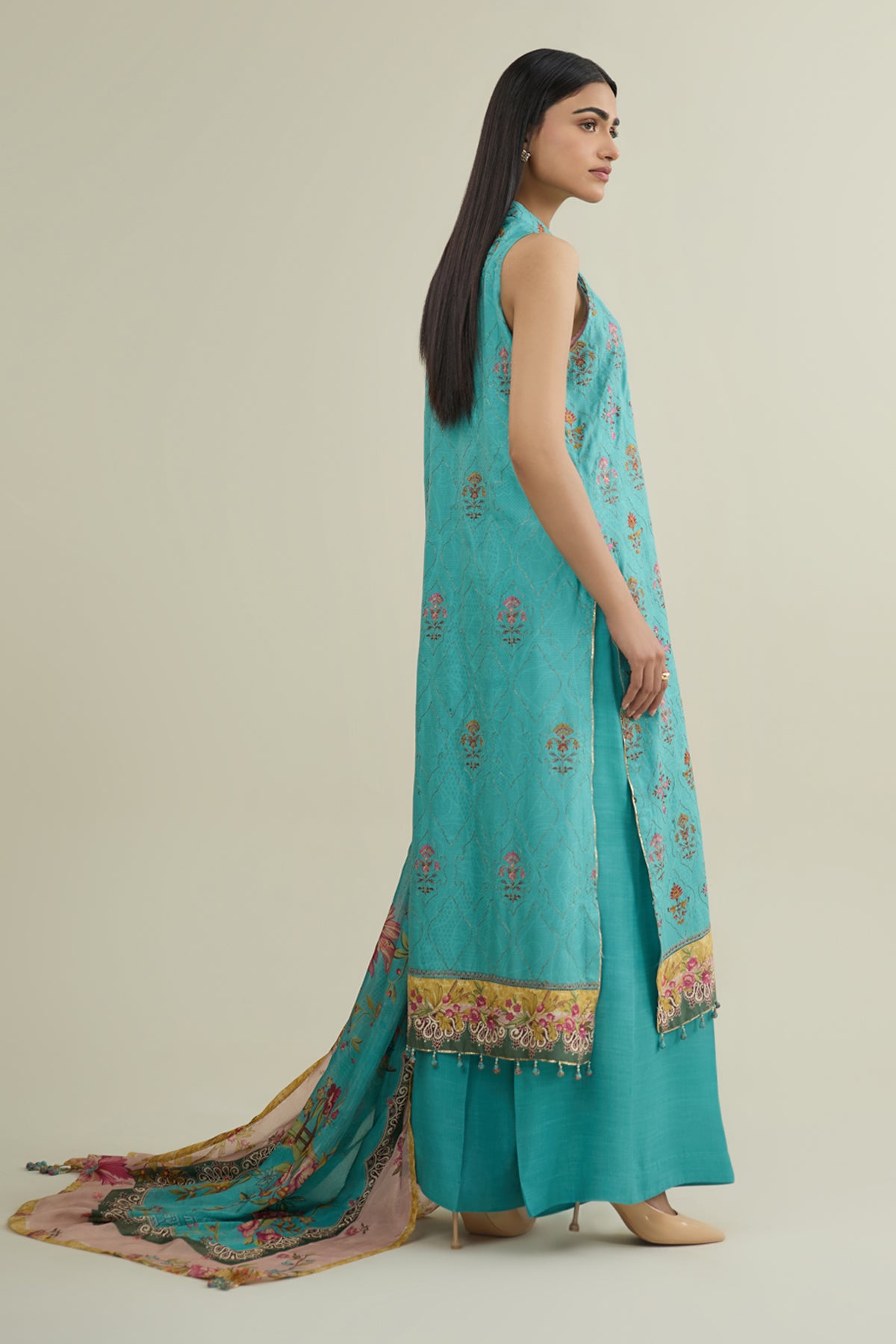 3 Piece - Printed & Embroidered Raw Silk Suit - E1788 - Shop Now at Kayseria
