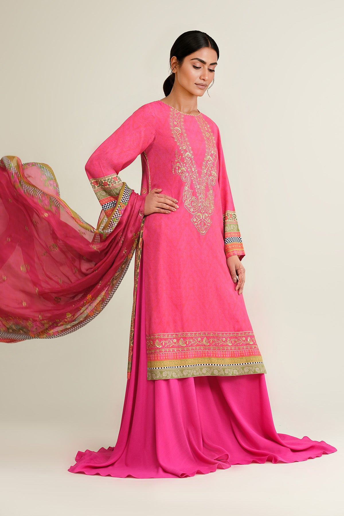3 Piece - Printed & Embroidered Raw Silk Suit - E1789 - Shop Now at Kayseria