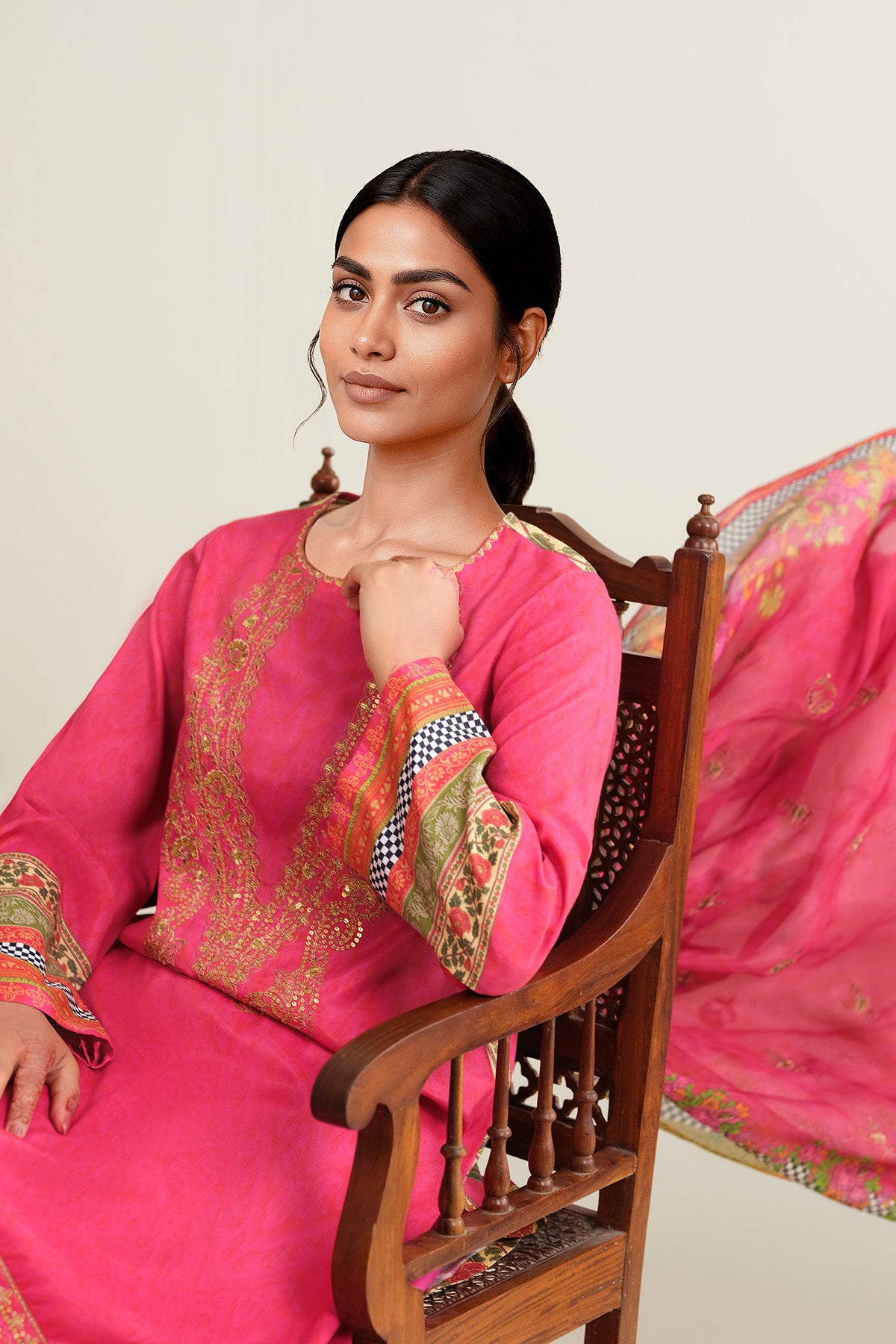 3 Piece - Printed & Embroidered Raw Silk Suit - E1789 - Shop Now at Kayseria