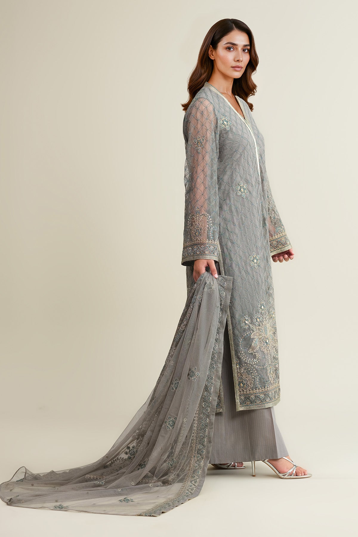 4 Piece - Embroidered Poly Net Suit - E1793 - Shop Now at Kayseria