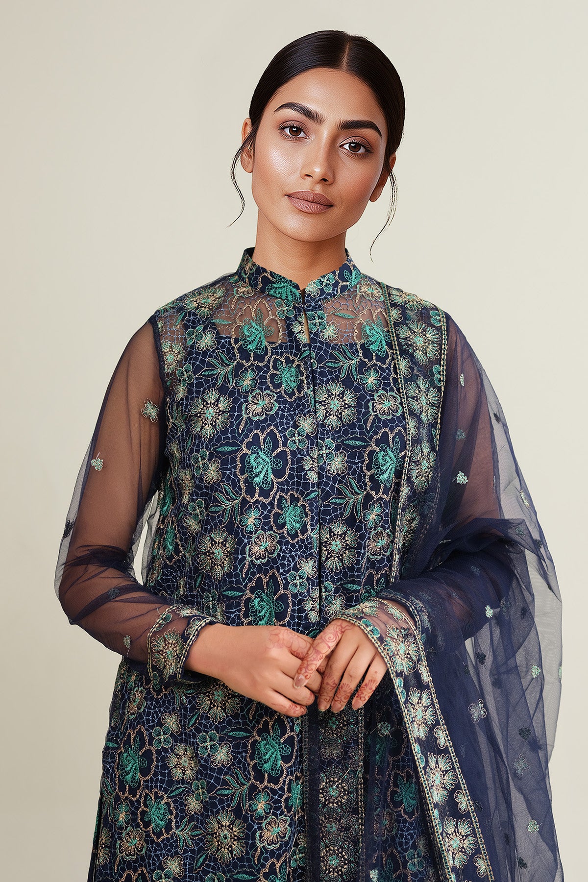 4 Piece - Embroidered Hexa Poly Net Suit - E1794 - Shop Now at Kayseria