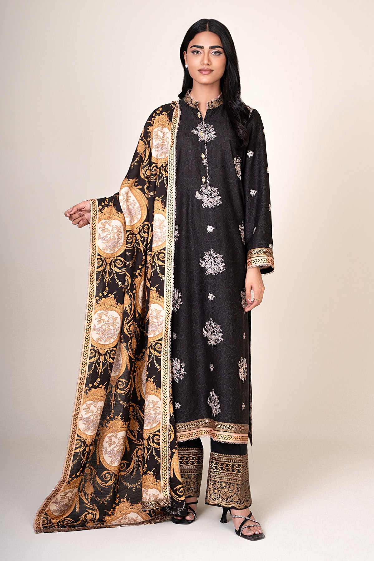 3 Piece - Printed & Embroidered Raw Silk Suit - E1810 - Shop Now at Kayseria