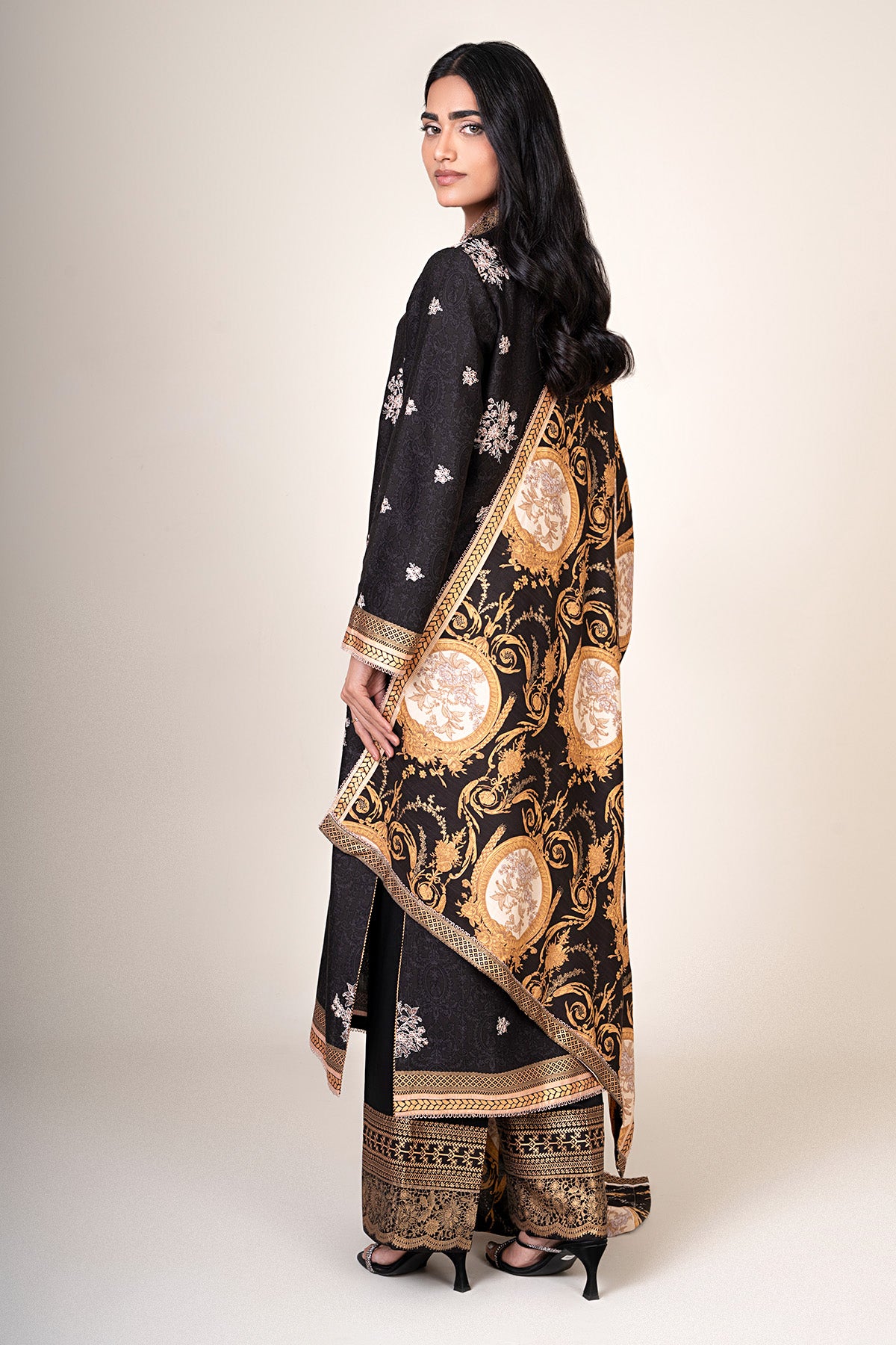 3 Piece - Printed & Embroidered Raw Silk Suit - E1810 - Shop Now at Kayseria