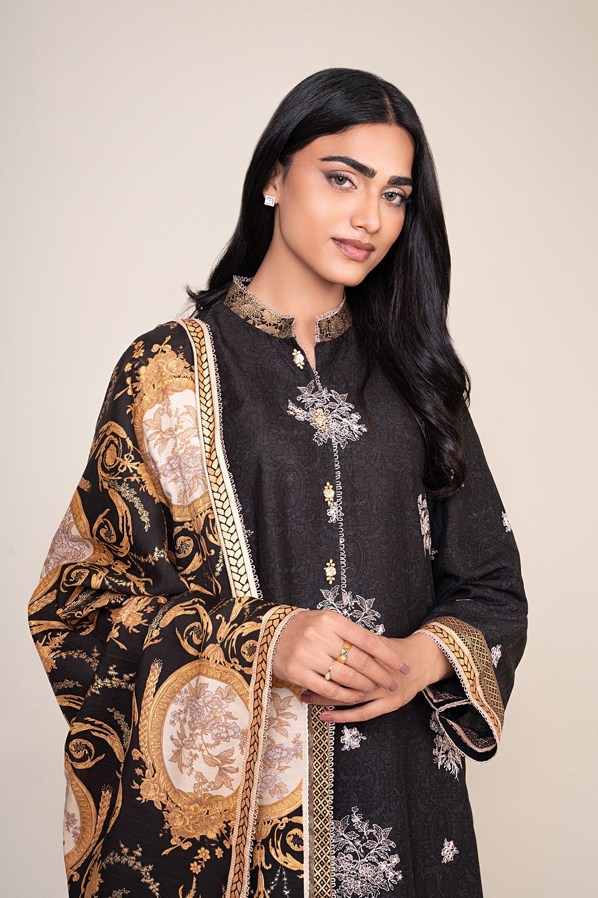 3 Piece - Printed & Embroidered Raw Silk Suit - E1810 - Shop Now at Kayseria
