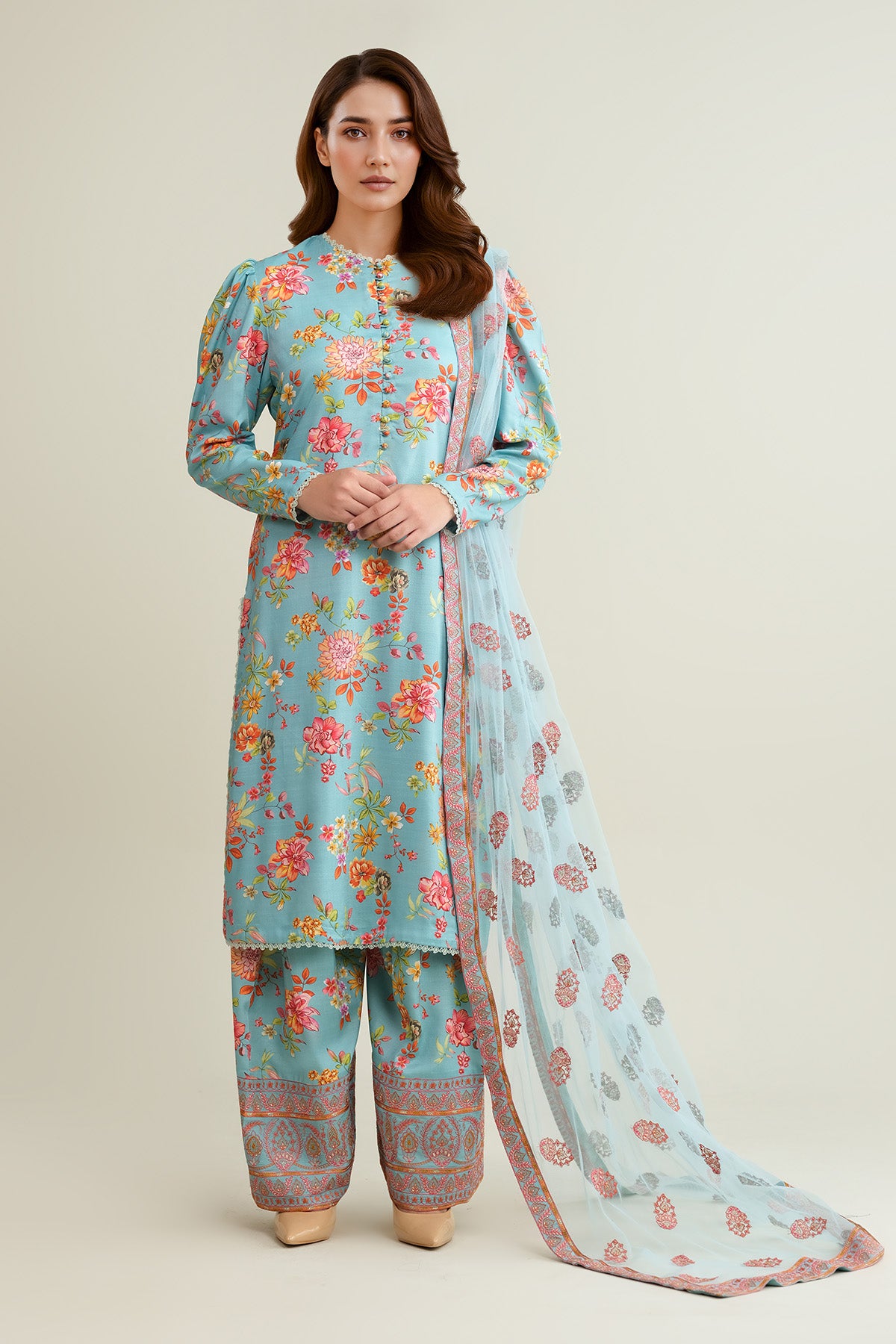 3 Piece - Printed & Embroidered Raw Silk Suit - E1811 - Shop Now at Kayseria