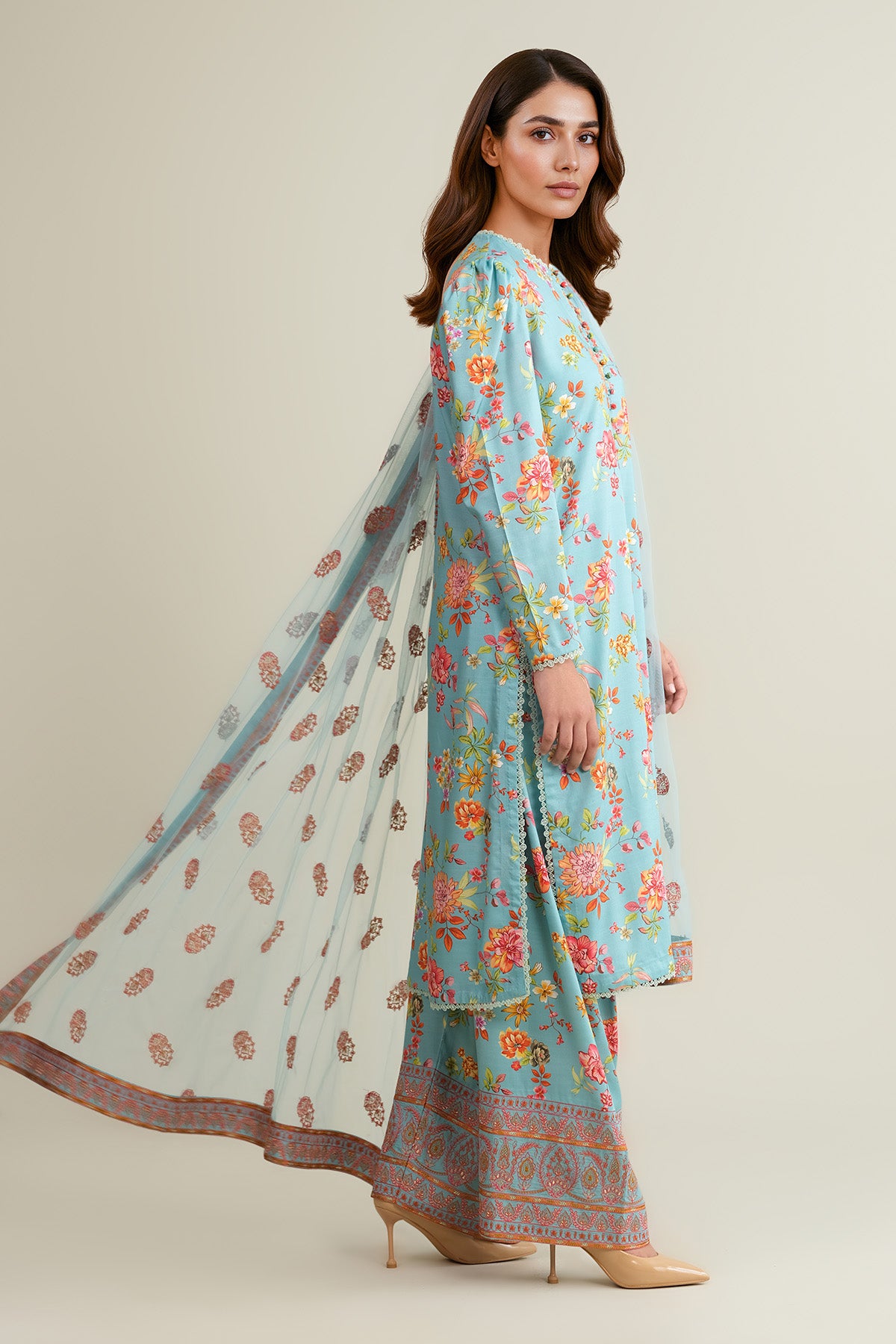 3 Piece - Printed & Embroidered Raw Silk Suit - E1811 - Shop Now at Kayseria
