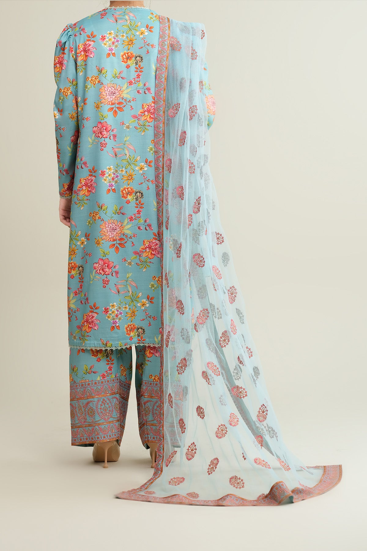 3 Piece - Printed & Embroidered Raw Silk Suit - E1811 - Shop Now at Kayseria