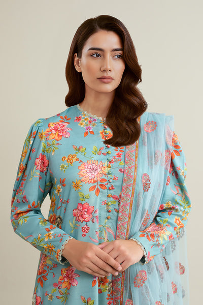 3 Piece - Printed & Embroidered Raw Silk Suit - E1811 - Shop Now at Kayseria