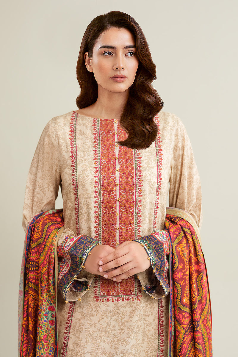3 Piece - Printed Raw Silk Suit - E1812 - Shop Now at Kayseria