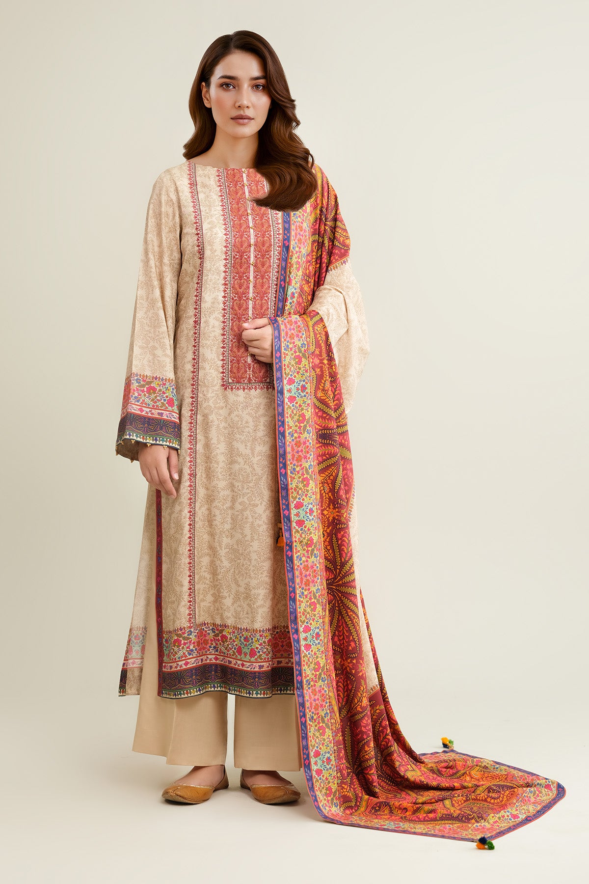 3 Piece - Printed Raw Silk Suit - E1812 - Shop Now at Kayseria