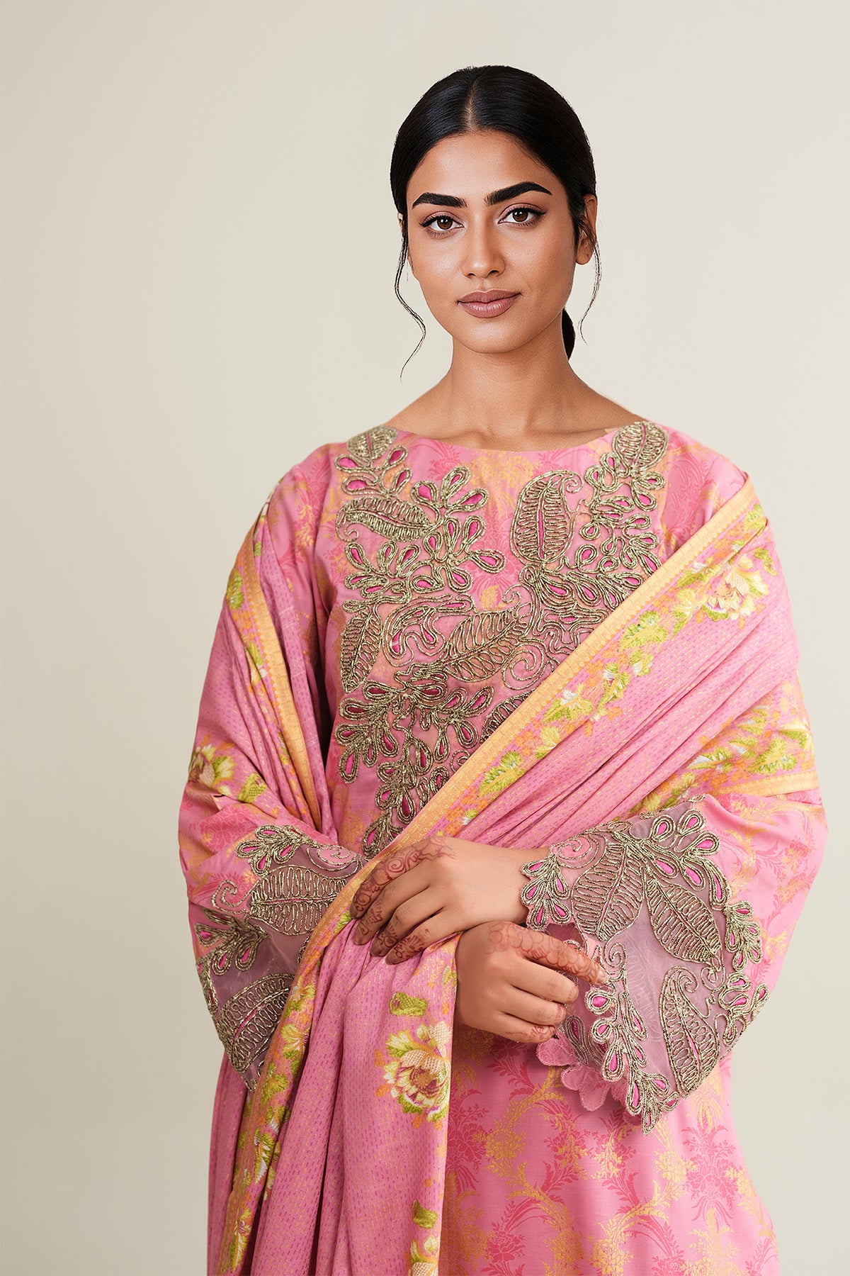 3 Piece - Printed Raw Silk Suit - E1814 - Shop Now at Kayseria