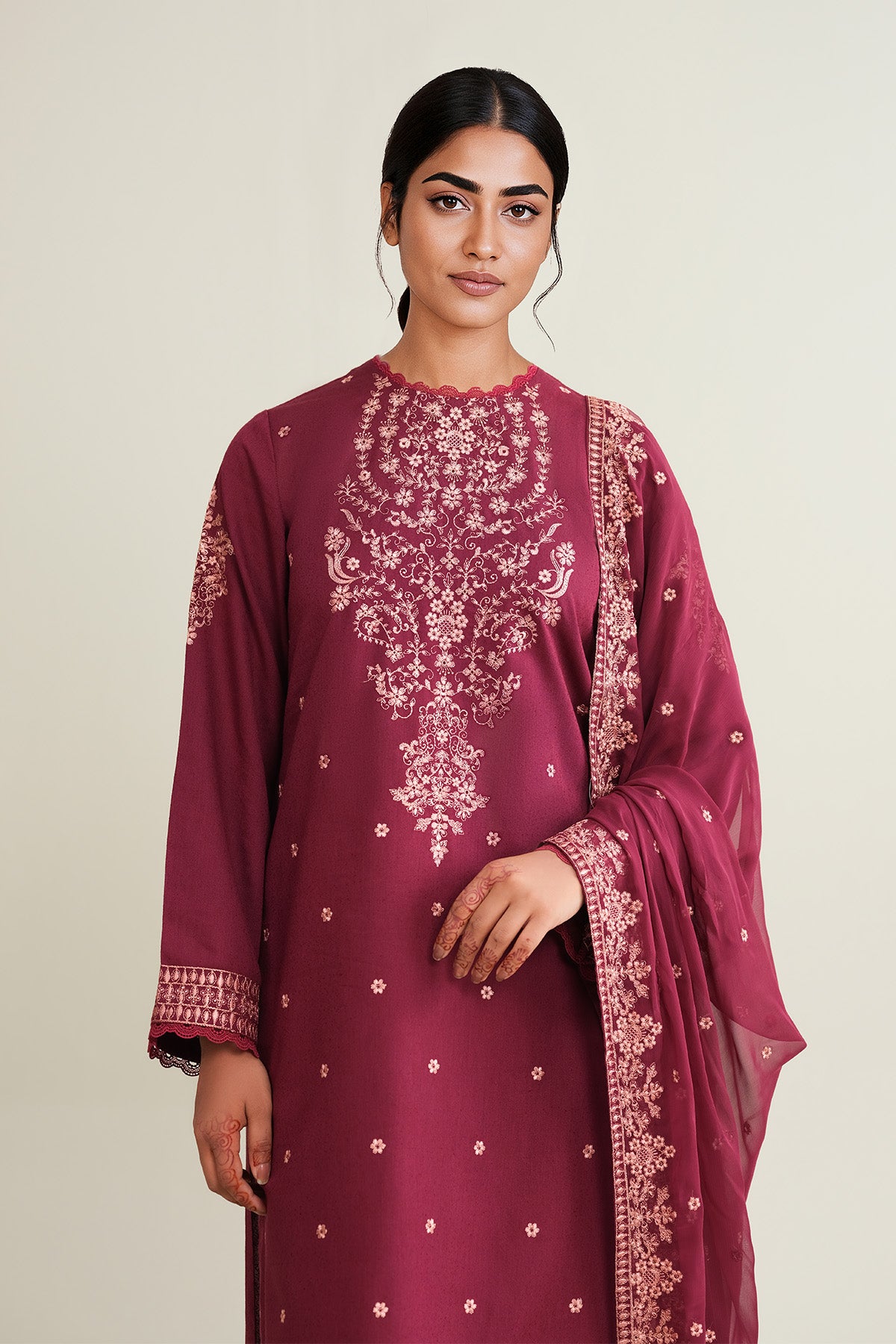 3 Piece - Embroidered Viscose Karandi Suit - E1841 - Shop Now at Kayseria