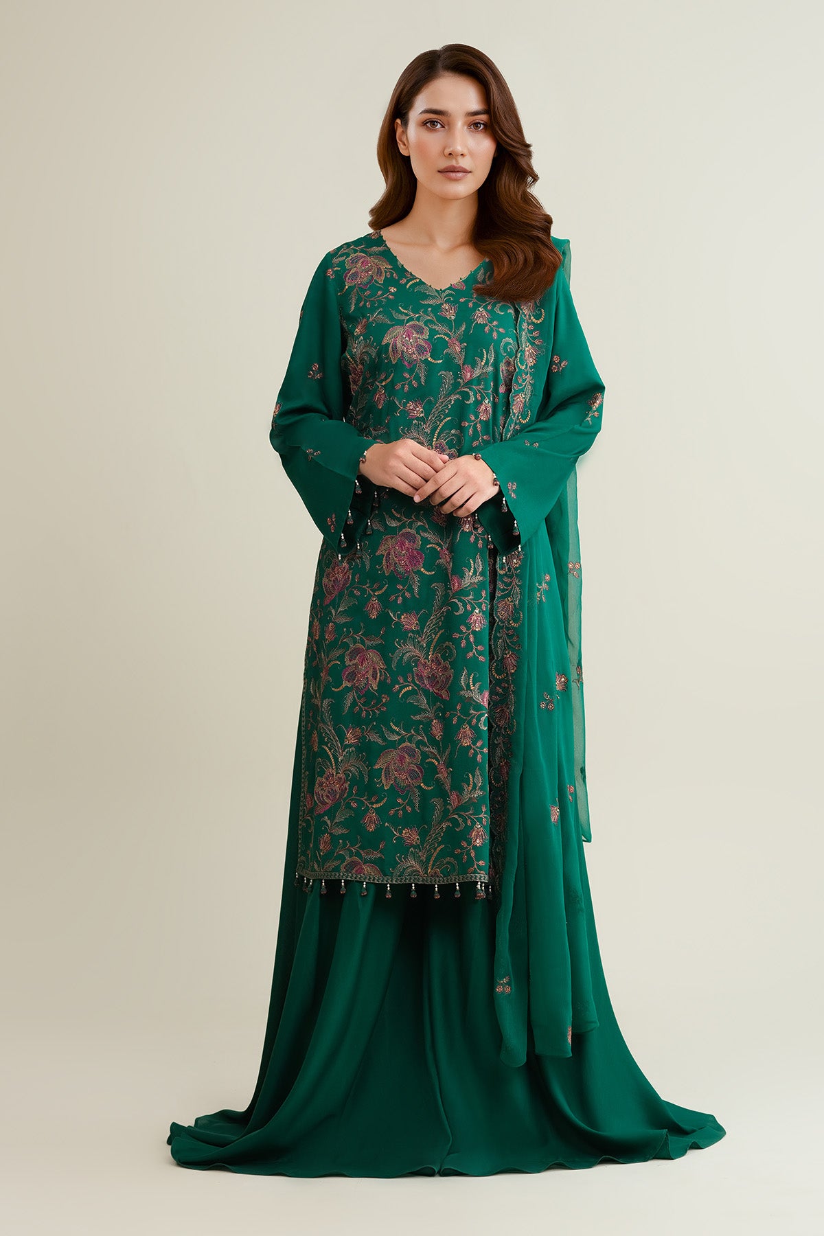 3 Piece - Embroidered Raw Silk Suit - E1853 - Shop Now at Kayseria