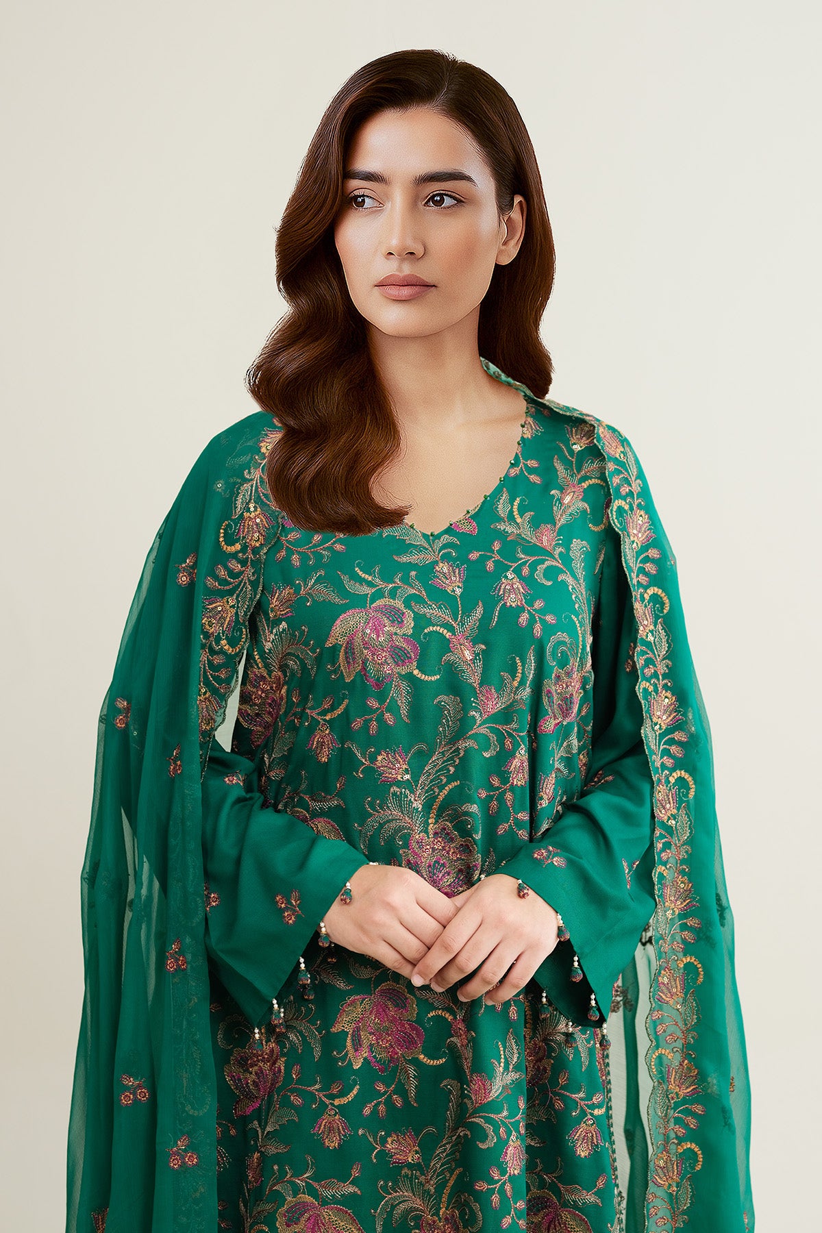 3 Piece - Embroidered Raw Silk Suit - E1853 - Shop Now at Kayseria