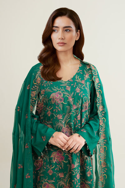 3 Piece - Embroidered Raw Silk Suit - E1853 - Shop Now at Kayseria