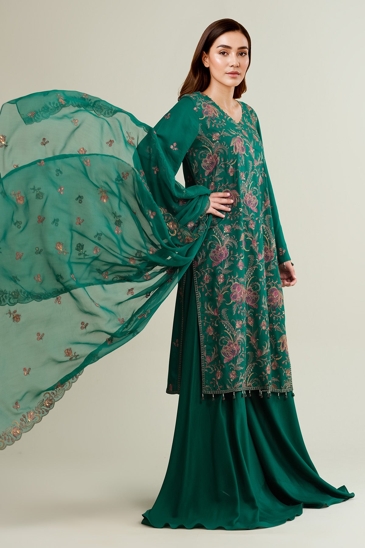 3 Piece - Embroidered Raw Silk Suit - E1853 - Shop Now at Kayseria