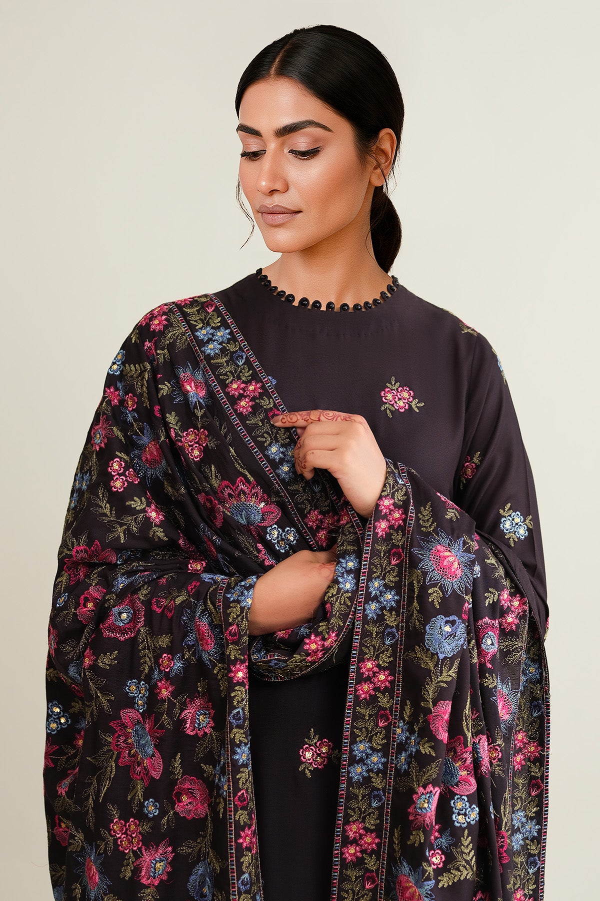 3 Piece - Embroidered Raw Silk Suit - E1857 - Shop Now at Kayseria