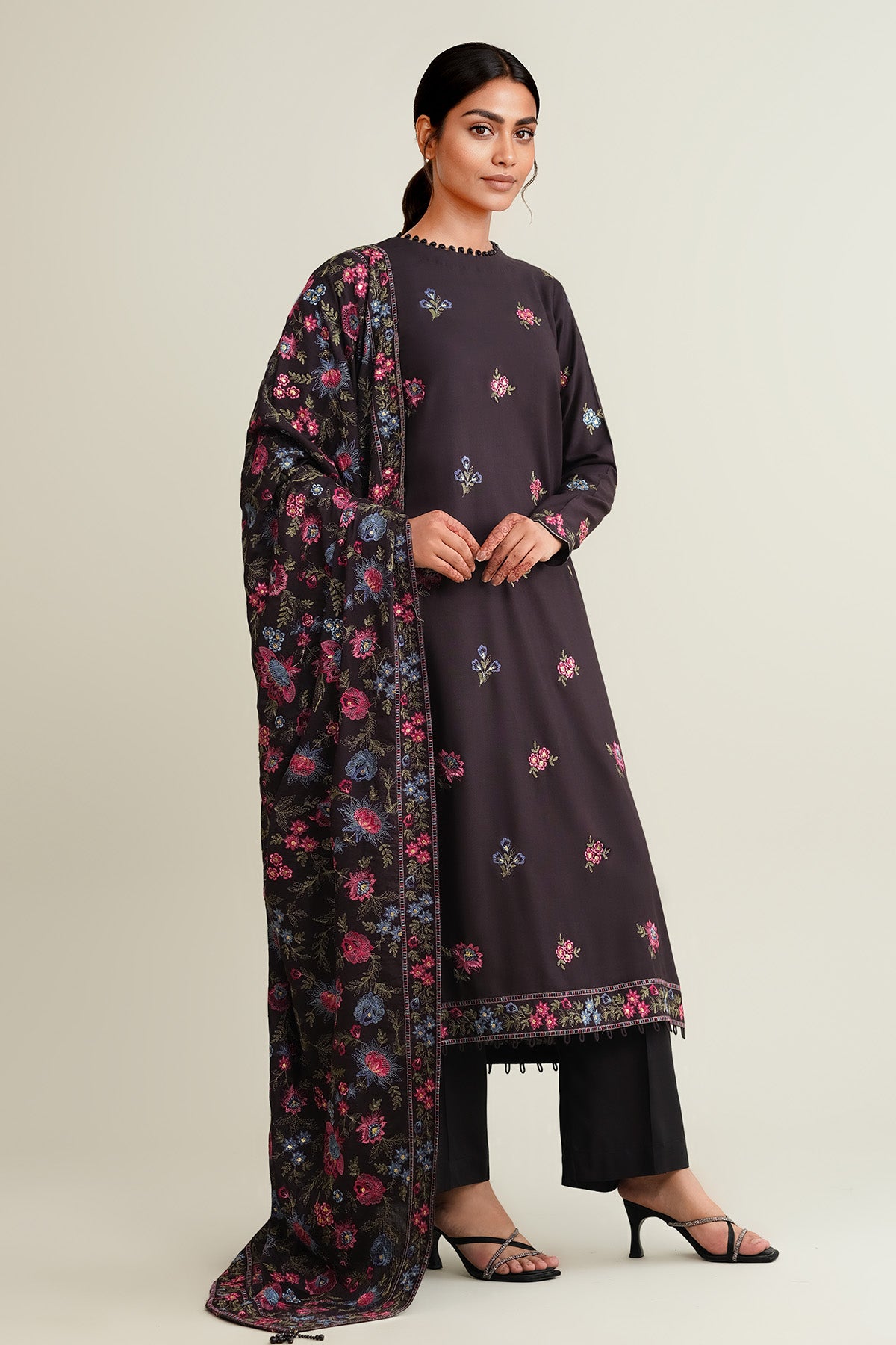3 Piece - Embroidered Raw Silk Suit - E1857 - Shop Now at Kayseria