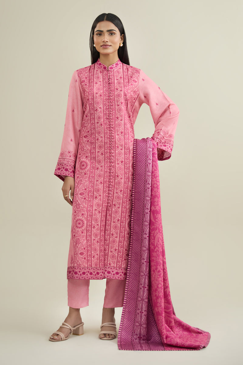 3 Piece - Printed & Embroidered Viscose Wool Suit - E1859 - Shop Now at Kayseria