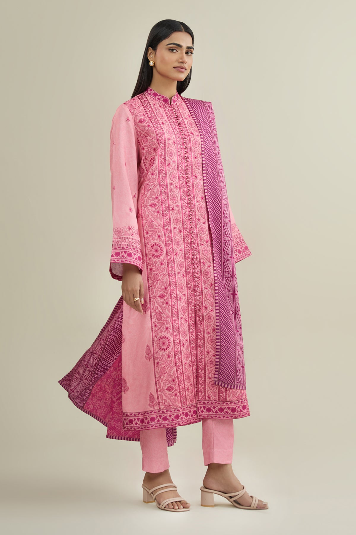3 Piece - Printed & Embroidered Viscose Wool Suit - E1859 - Shop Now at Kayseria