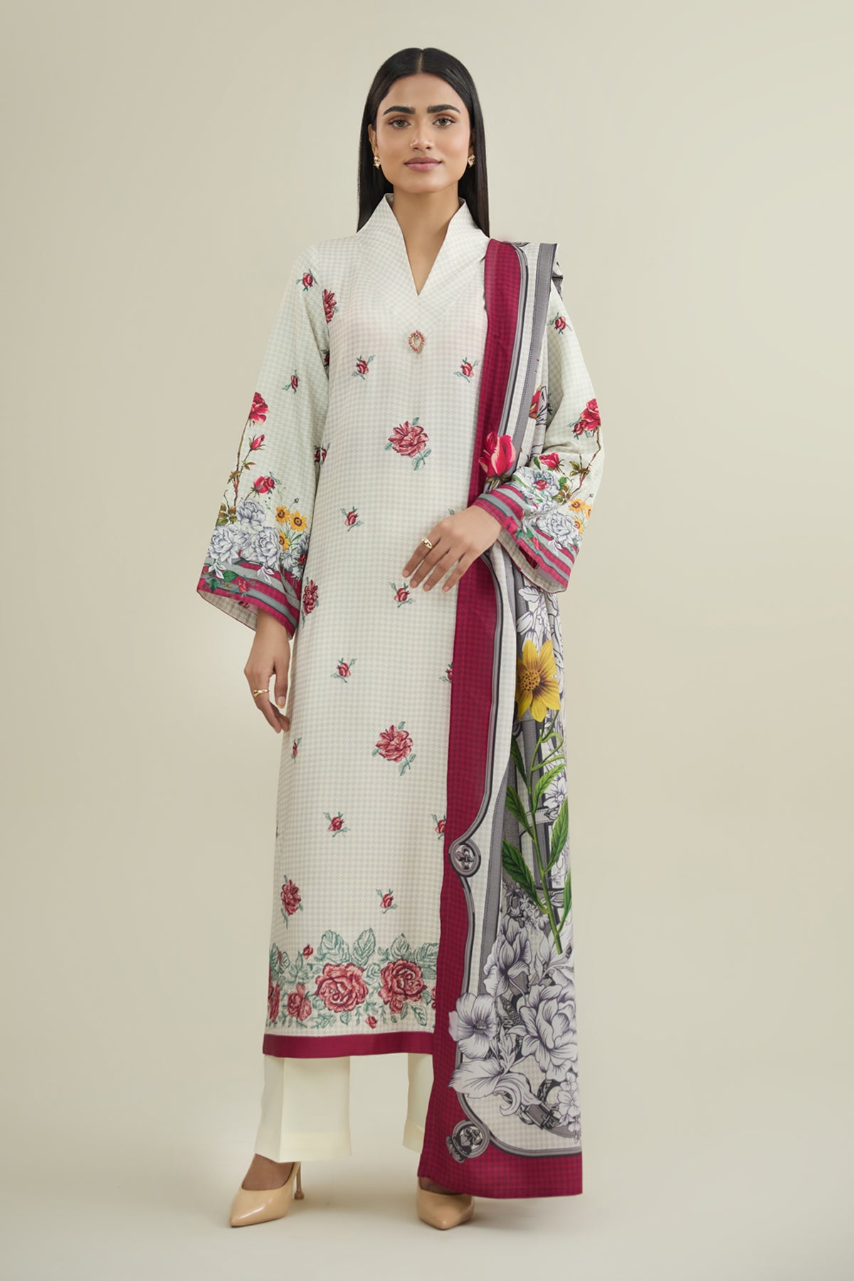3 Piece - Printed & Embroidered Viscose Wool Suit - E1860 - Shop Now at Kayseria