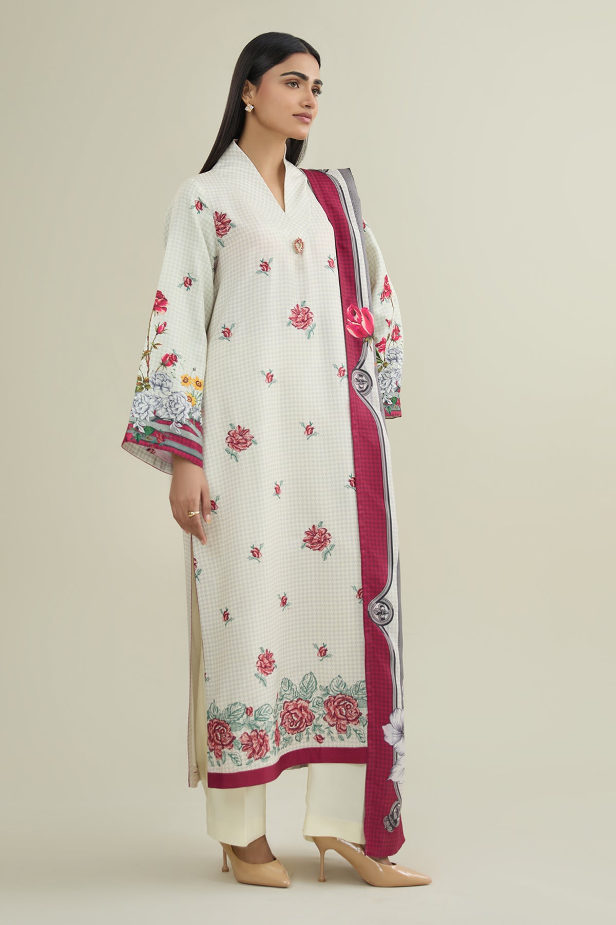 3 Piece - Printed & Embroidered Viscose Wool Suit - E1860 - Shop Now at Kayseria