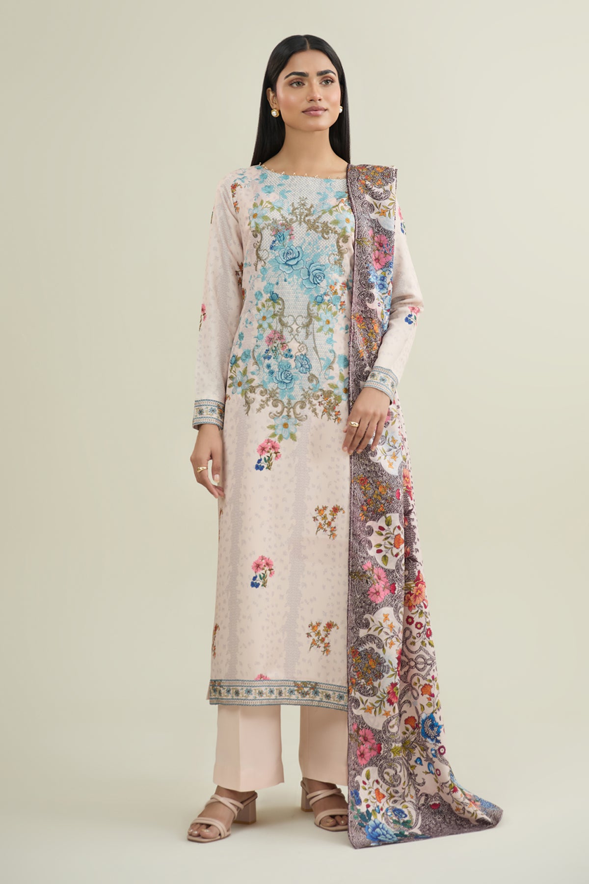 3 Piece - Printed & Embroidered Viscose Wool Suit - E1861 - Shop Now at Kayseria