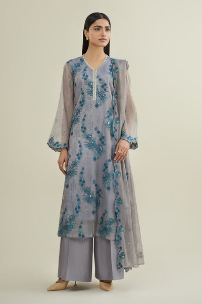 4 Piece - Embroidered Shimmer Silk Suit - E1869 - Shop Now at Kayseria