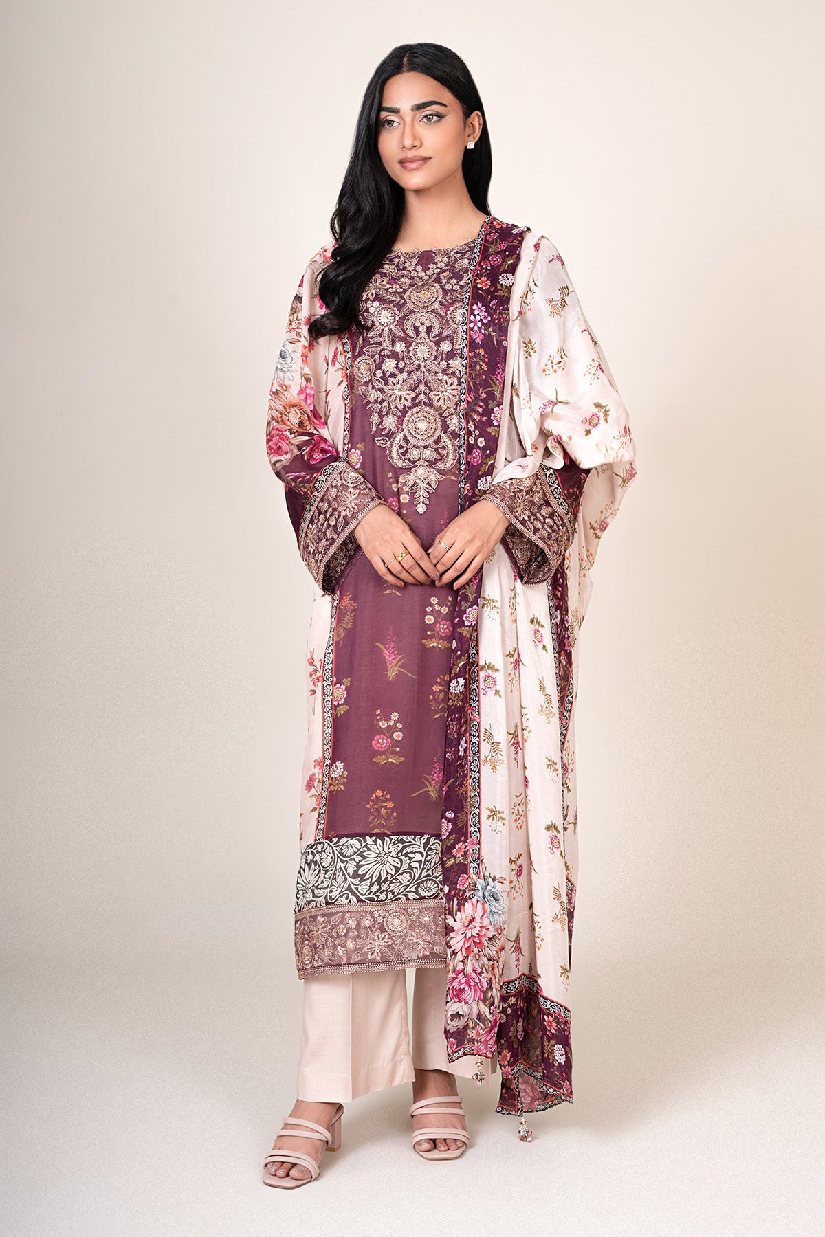 4 Piece - Printed & Embroidered China Silk Suit - E1873 - Shop Now at Kayseria