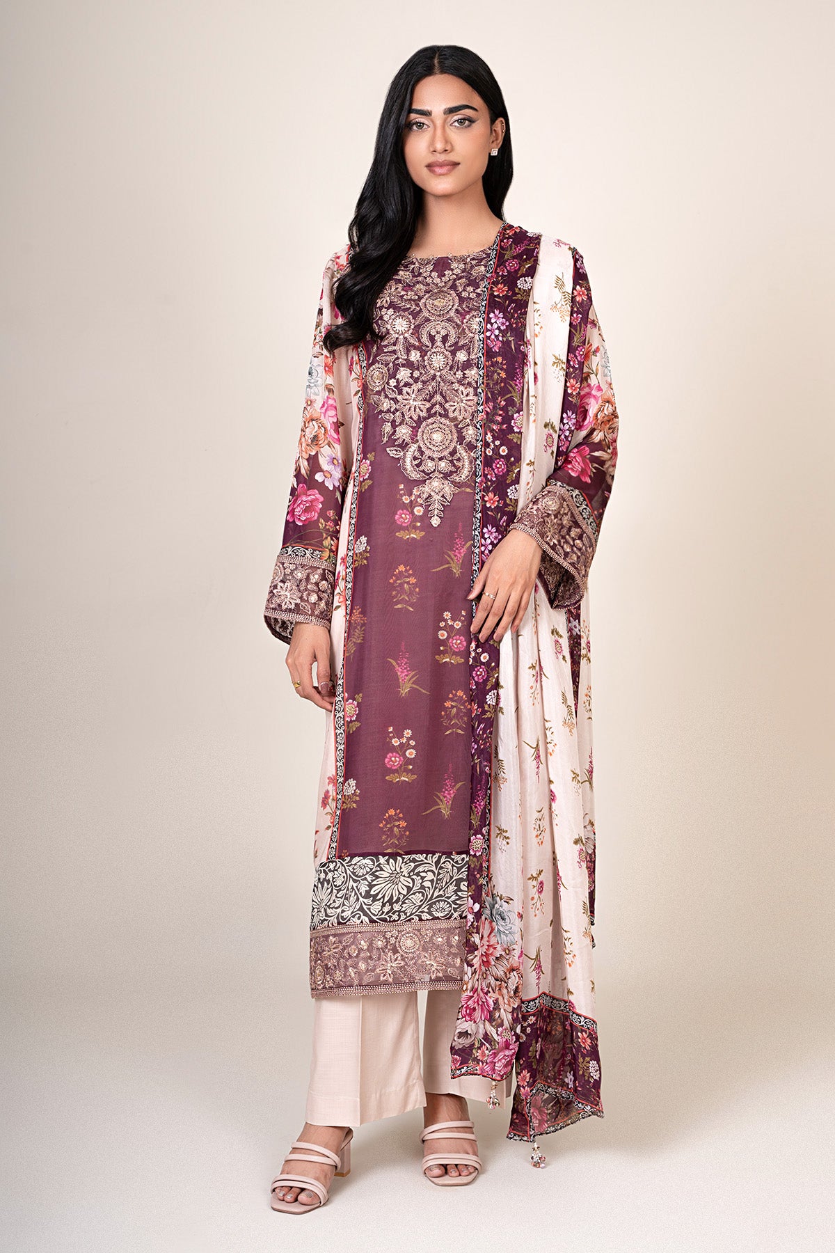 4 Piece - Printed & Embroidered China Silk Suit - E1873 - Shop Now at Kayseria