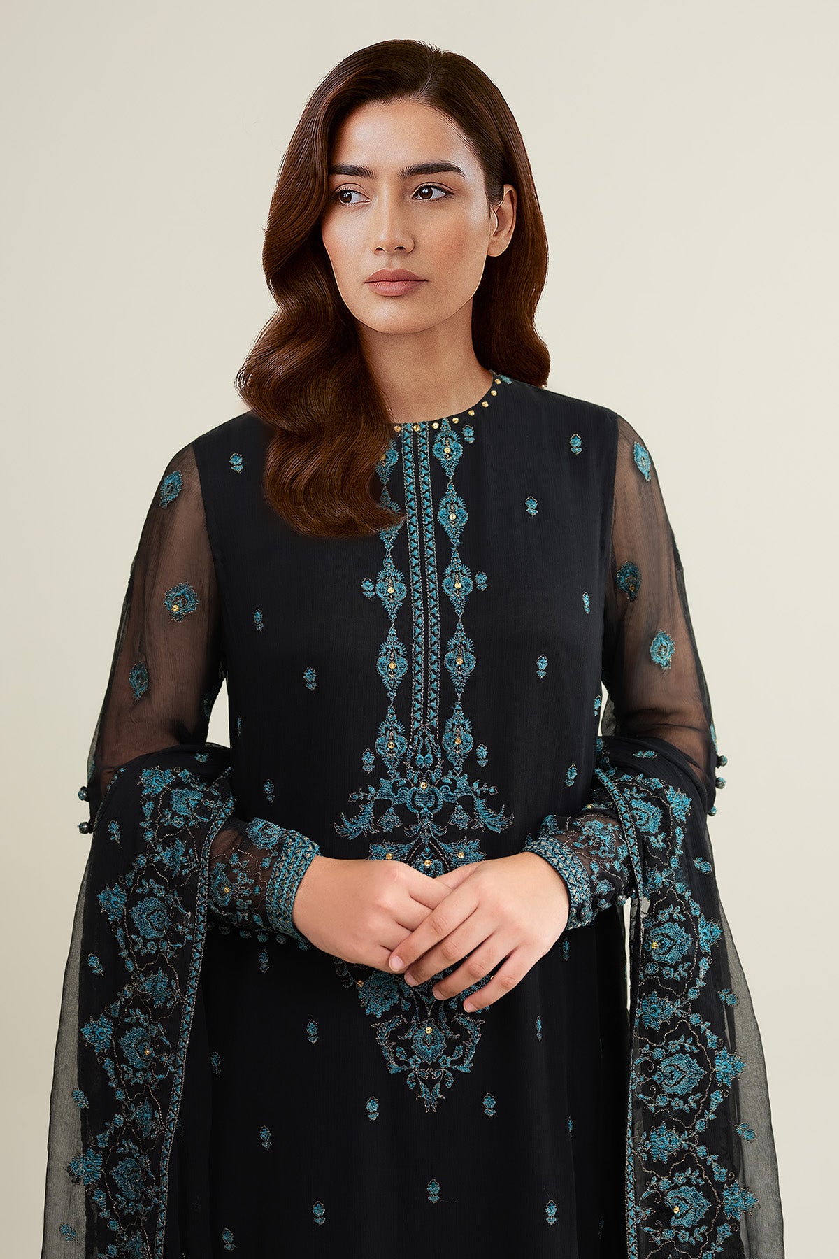 4 Piece - Embroidered Bamber Chiffon Suit - E1876 - Shop Now at Kayseria