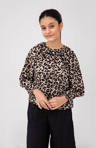 Girl Round Neck Gathered Blouse