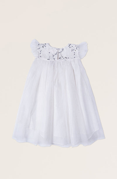 Girls White Sequenced Embroidered Dress