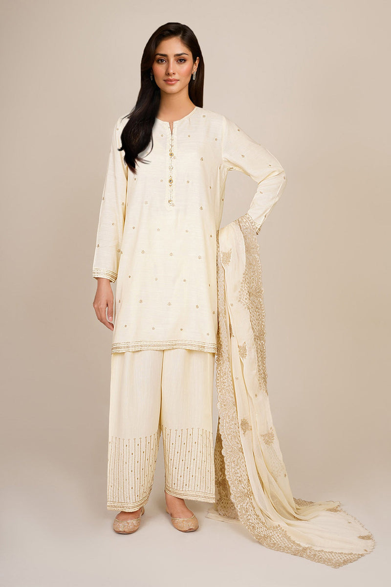 3 Piece - Embroidered & Embellished Raw Silk Suit - KPS25-P3192 - Shop Now at Kayseria