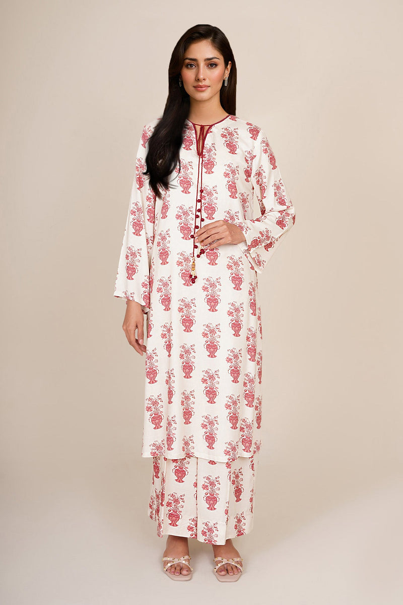 2 Piece - Printed & Embellished Linen Suit - KPW25-P3807 - Shop Now at Kayseria