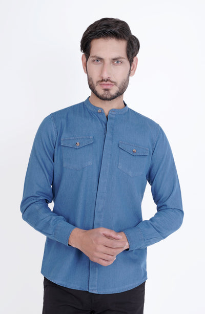 Ban Collar Denim Shirt - MWF713123 - Shop Now at Leisure Club