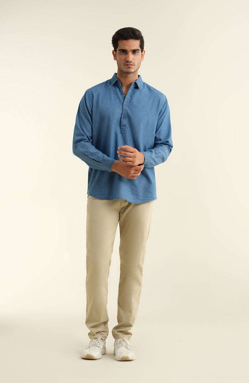 Men's Half Placket Denim Tunic - Shop Now at Shahnameh