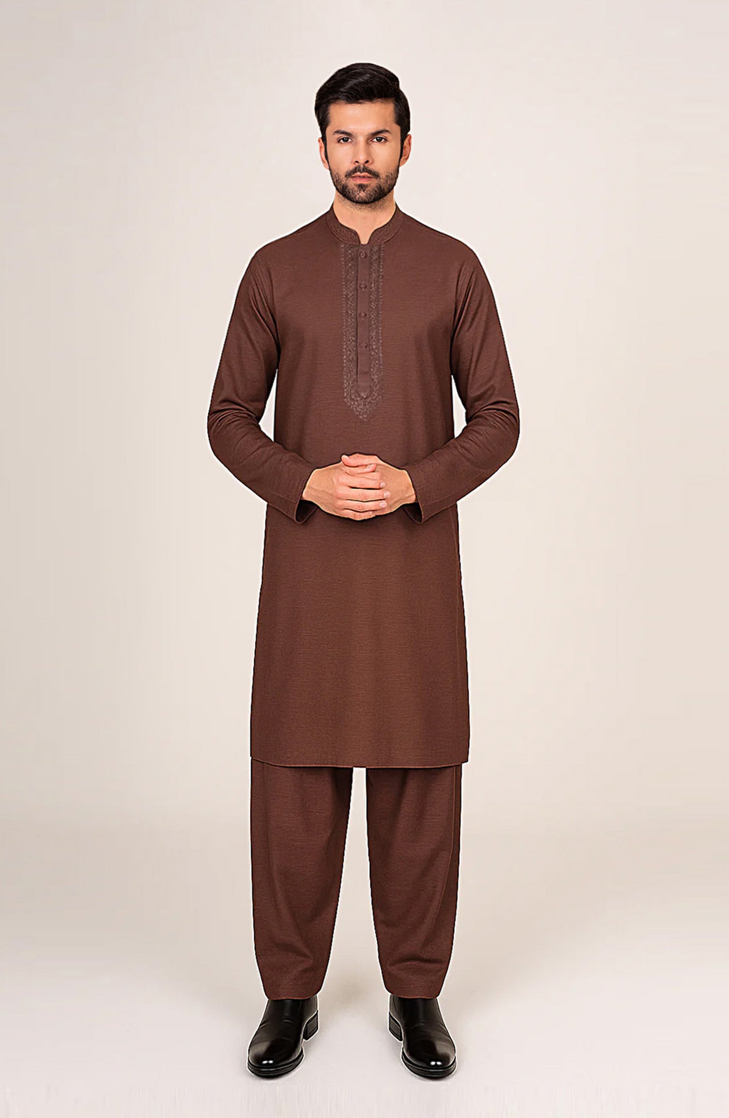 Men's Front Embroidered Band Collar Suit - SMS833225