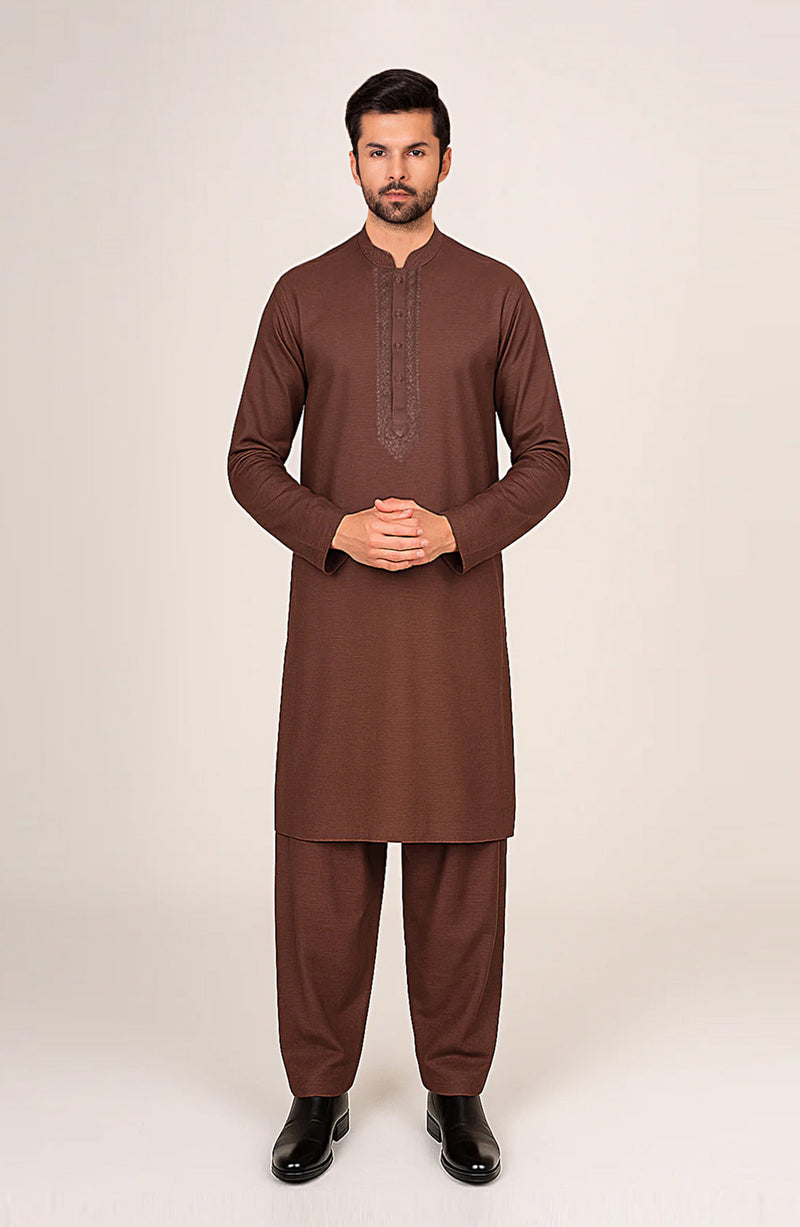 Men's Front Embroidered Band Collar Suit - SMS833225 - Shop Now at Shahnameh