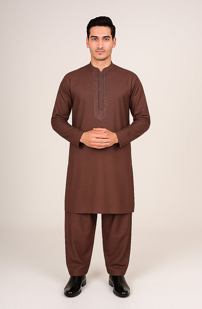 Men's 2 Piece Front Embroidered Band Collar Suit