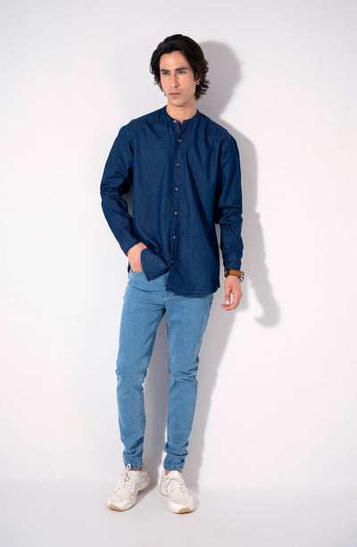 Mandarin Collar Denim Shirt - Shop Now at Shahnameh