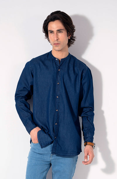Mandarin Collar Denim Shirt - Shop Now at Shahnameh